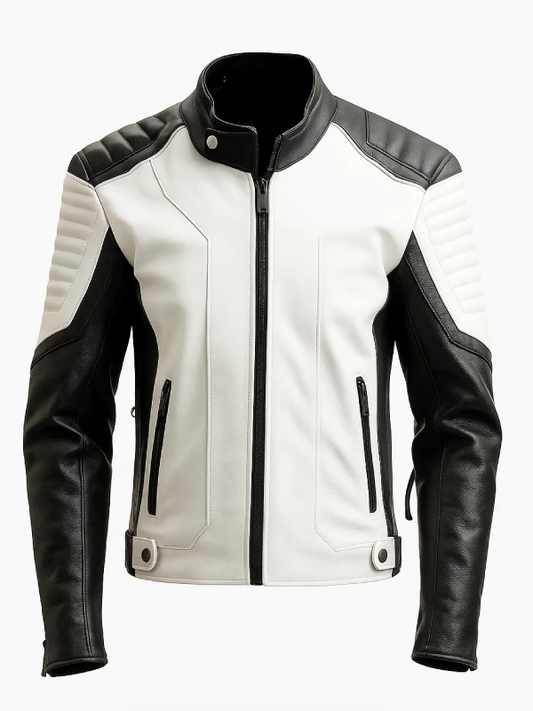 Black White Cafe Racer Leather Jacket