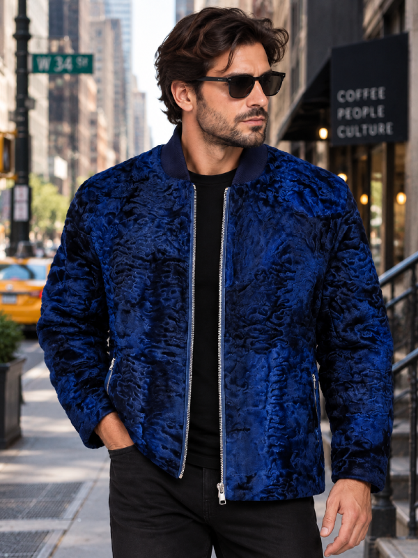 Blue Fur Bomber Jacket Men
