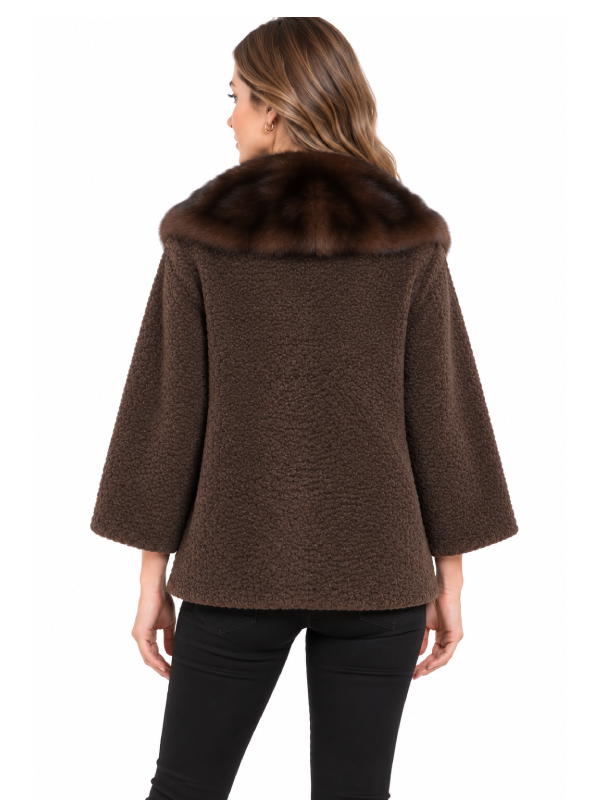 Brown Persian Lamb Fur Coat for Women with Mink Collar