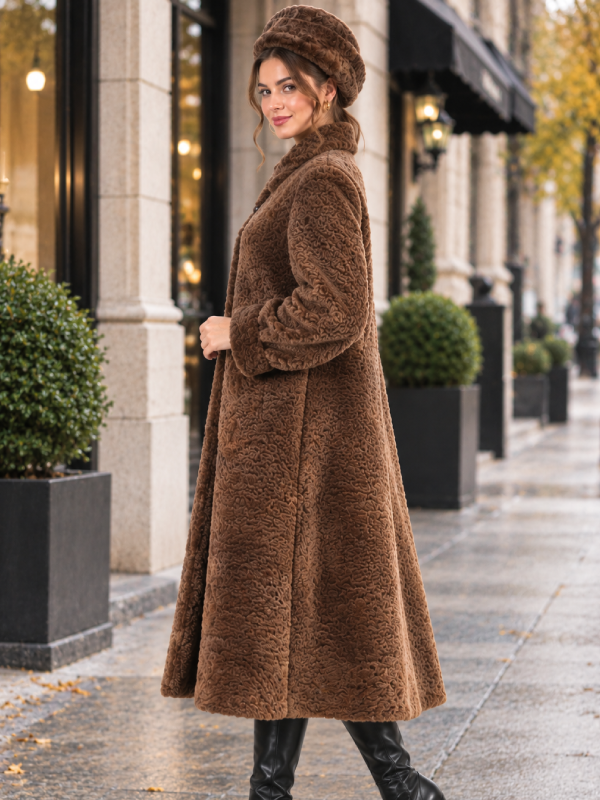 Brown Persian Lamb Fur Winte Coat with Mink Collar
