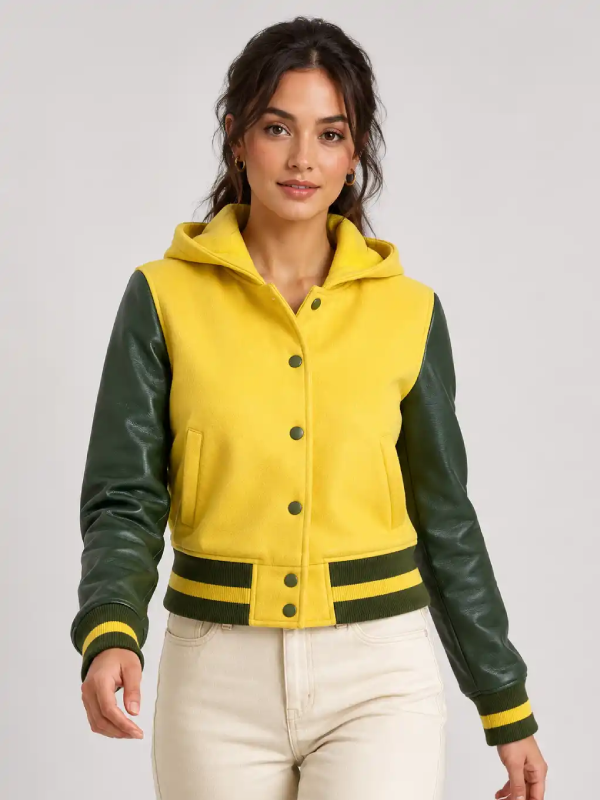 Butter Yellow Forest Green Leather Hooded Womens Varsity Jacket