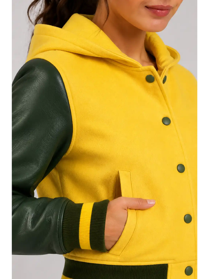 Butter Yellow Forest Green Leather Hooded Womens Varsity Jacket For Sale