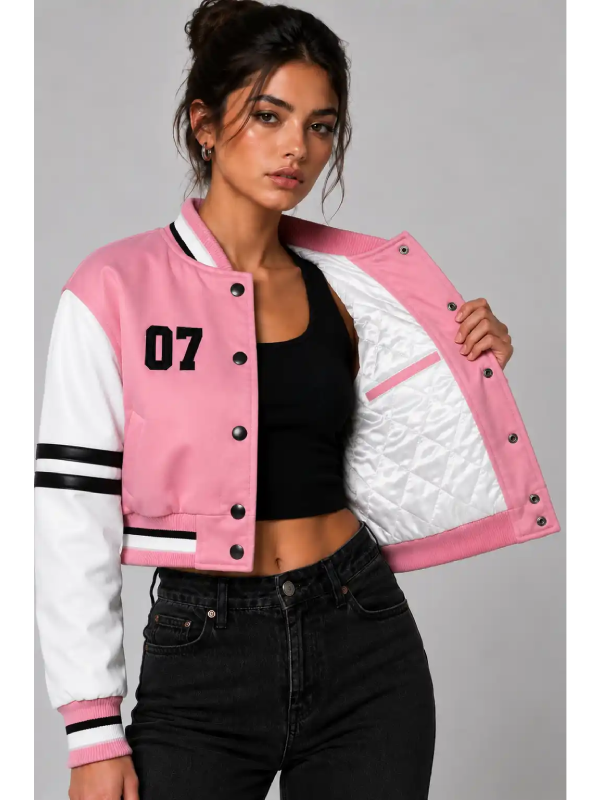 Buy Apex Division Embroidered Cropped Varsity Jacket Women Pink White Leather