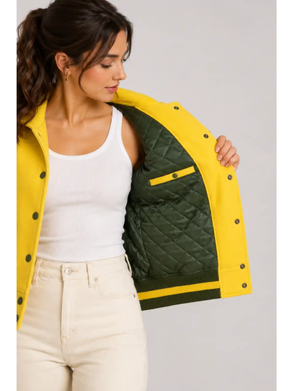 Buy Butter Yellow Forest Green Leather Hooded Varsity Jacket Women