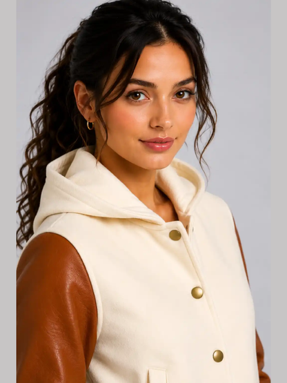 Buy Cream Cognac Leather Hooded Womens Varsity Jacket