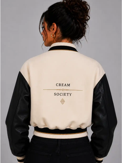 Buy Cream Society Embroidered Cropped Varsity Jacket Women Cream Black