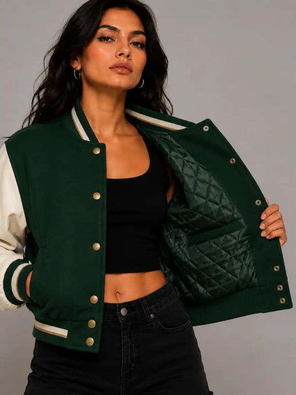 Buy Forest Saint Embroidered Cropped Varsity Jacket Women Forest Green
