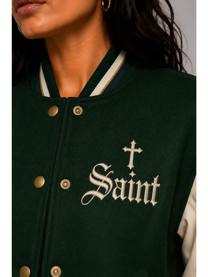 Buy Forest Saint Embroidered Cropped Varsity Jacket Women Forest Green For Sale