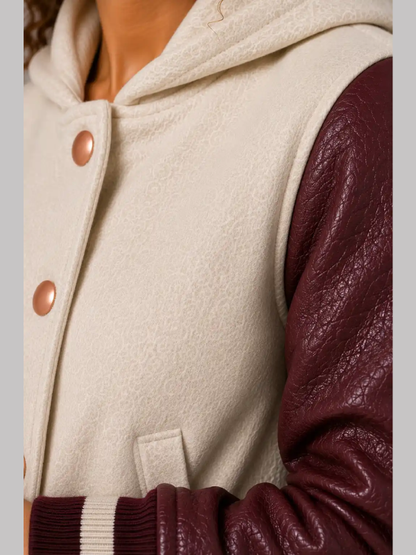 Buy Ivory Burgundy Leather Hooded Womens Varsity Jacket Rose Gold