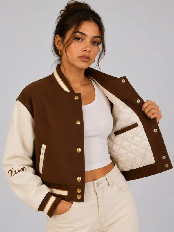 Buy Mocha Maison Embroidered Cropped Varsity-Jacket Women Brown Cream