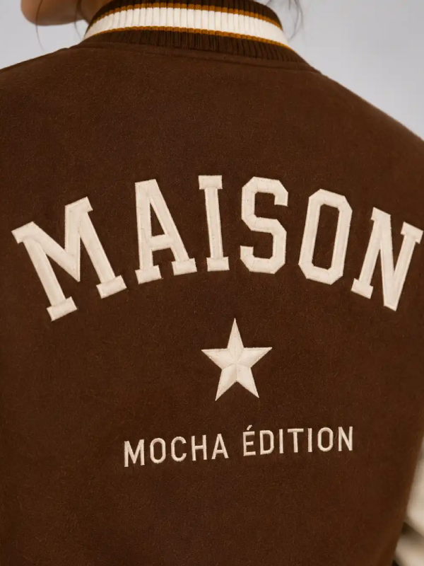 Buy Mocha Maison Embroidered Cropped Varsity Jacket Women