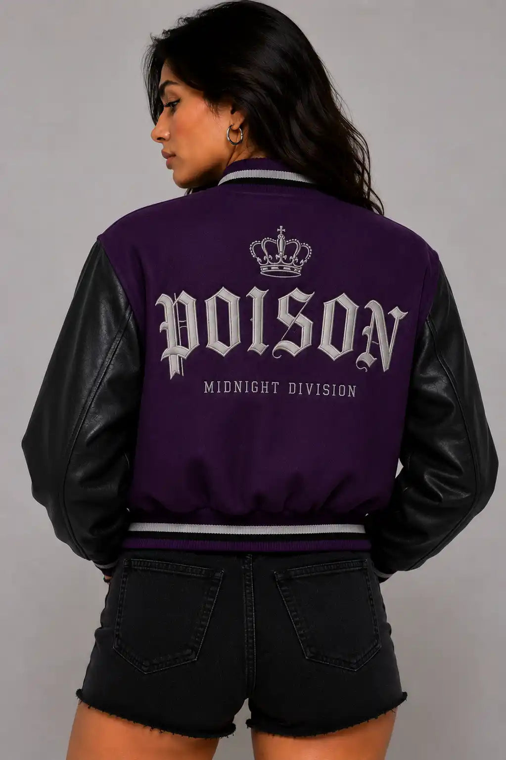 Buy Royal Poison Embroidered Cropped Varsity Jacket Women Purple Black