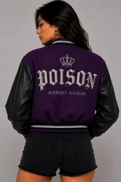 Buy Royal Poison Embroidered Cropped Varsity Jacket Women Purple Black