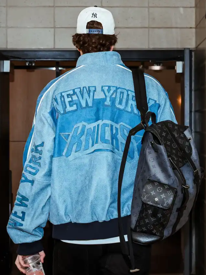 Cam Schlittler New York Knicks Blue Leather Bomber Jacket