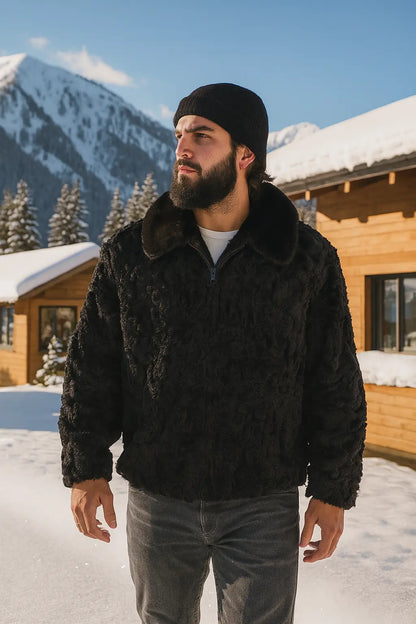 Black Persian Lamb Fur Bomber jacket With Mink Fur Collar