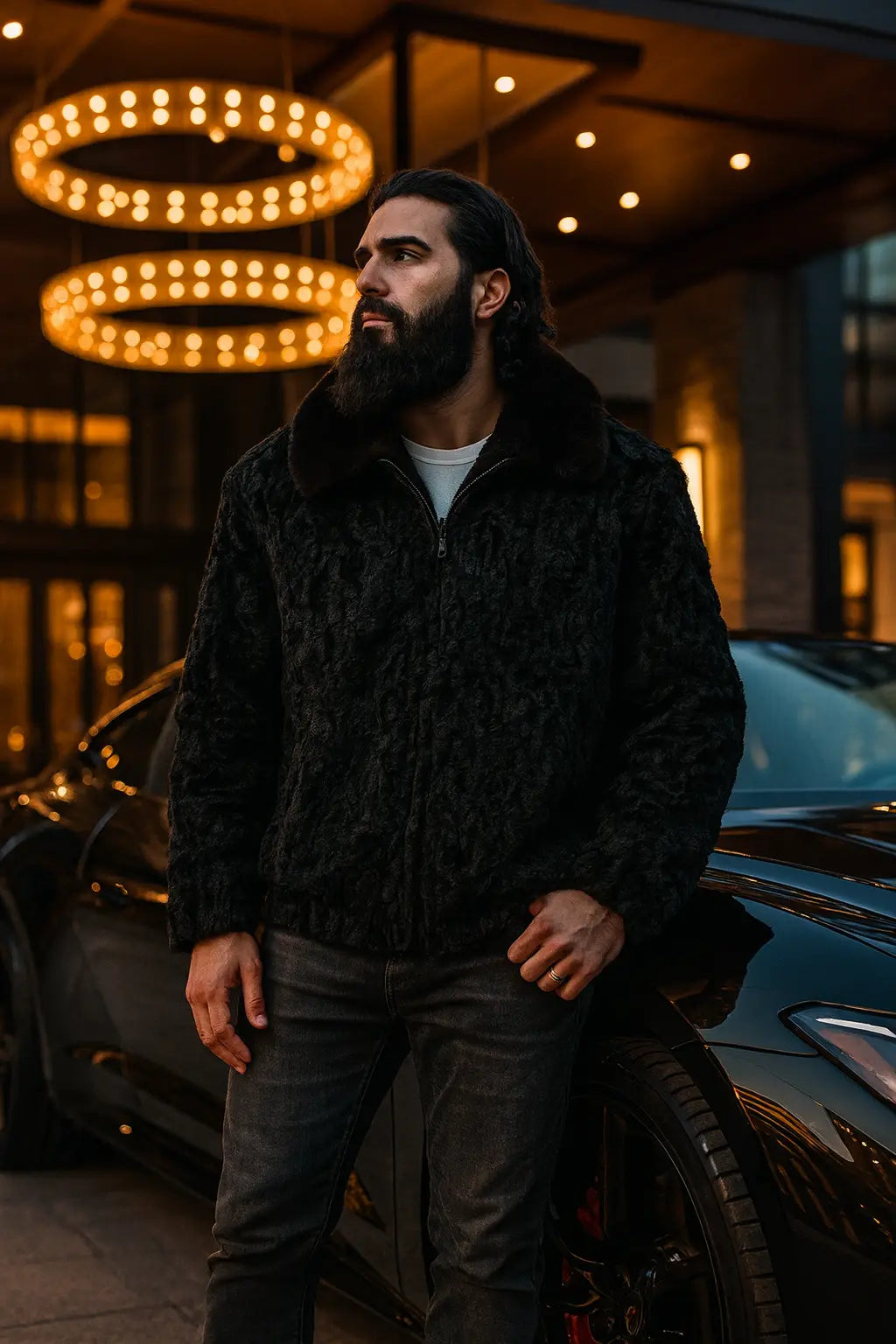 Black Persian Lamb Fur Bomber jacket With Mink Fur Collar