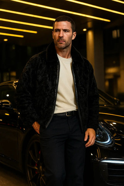 Black Persian Lamb Fur B-3 Bomber jacket Coat Mink Fur collar