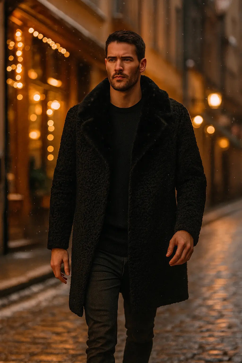 Persian Lamb Real Mink Fur Collar Mens Black Long Winter Coat