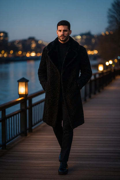 Persian Lamb Real Mink Fur Collar Mens Black Long Winter Coat