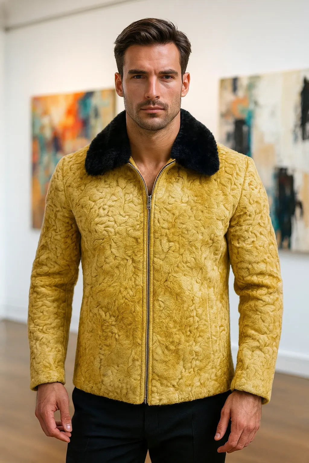 Mens Mustard Brown Persian Lamb Fur Winter Style Bomber Jacket