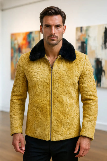 Mens Mustard Brown Persian Lamb Fur Winter Style Bomber Jacket