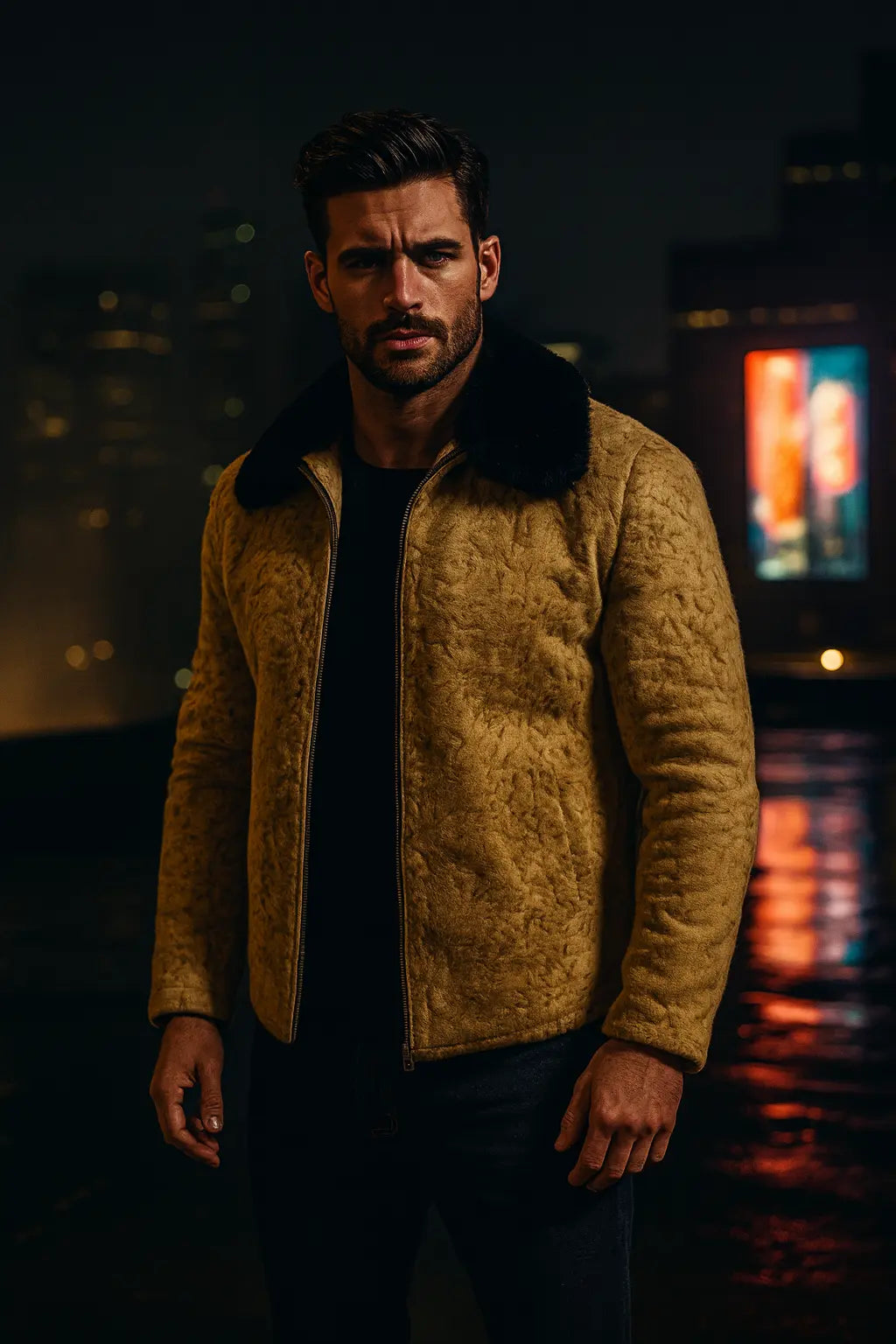 Mens Mustard Brown Persian Lamb Fur Winter Style Bomber Jacket