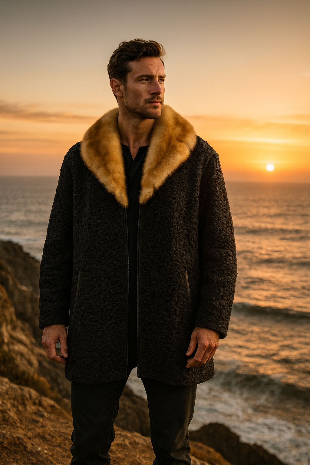 Mens Black Persian Lamb Coat Cream Color Mink Fur Collar Coat