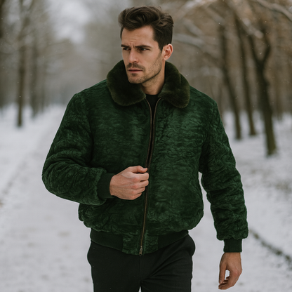 Men's Green Persian Lamb Fur bomber jacket green mink fur Collar