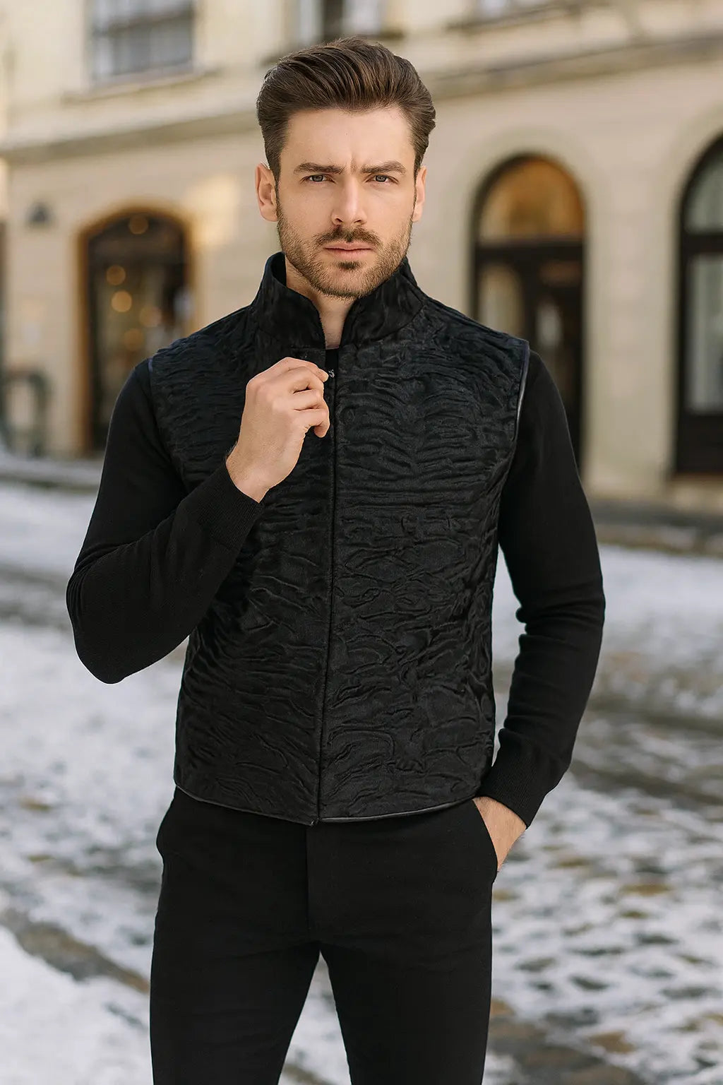 Men's Black Broadtail Persian Lamb Fur vest karakuli astarkhan