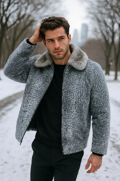 Gray Real Persian Lamb broad tail Fur coat shawl/Jacket with mink fur collar Men's women's