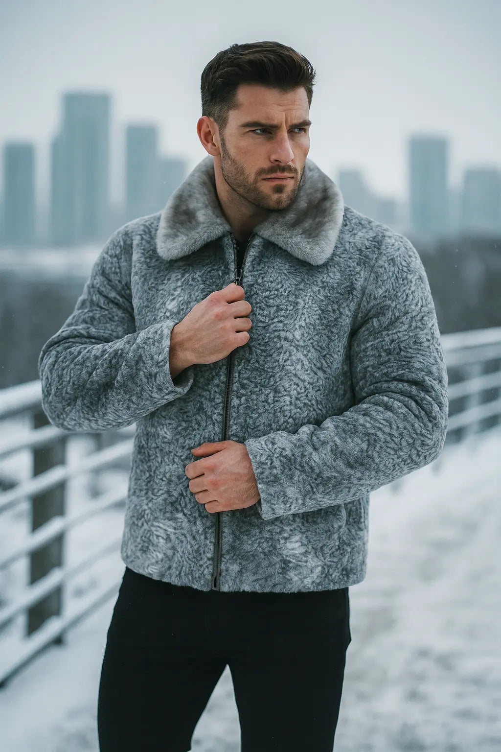 Gray Real Persian Lamb broad tail Fur coat shawl/Jacket with mink fur collar Men's women's