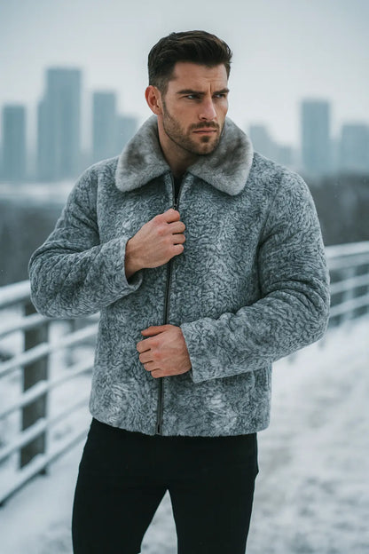 Gray Real Persian Lamb broad tail Fur coat shawl/Jacket with mink fur collar Men's women's