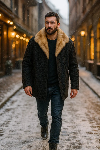 Mens Black Persian Lamb Coat Cream Color Mink Fur Collar Coat