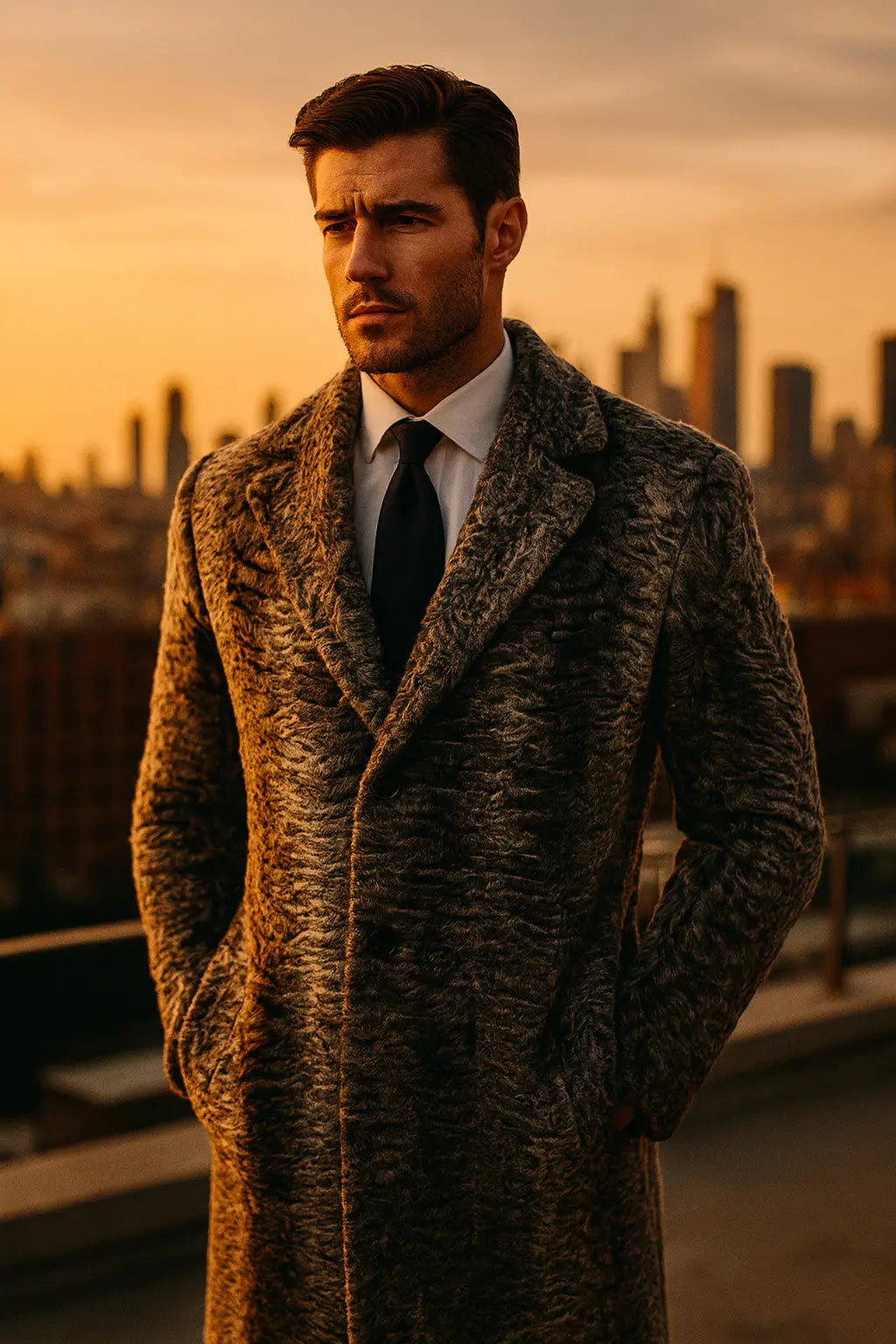 Man wearing a long coat with a city skyline in the background during sunset.