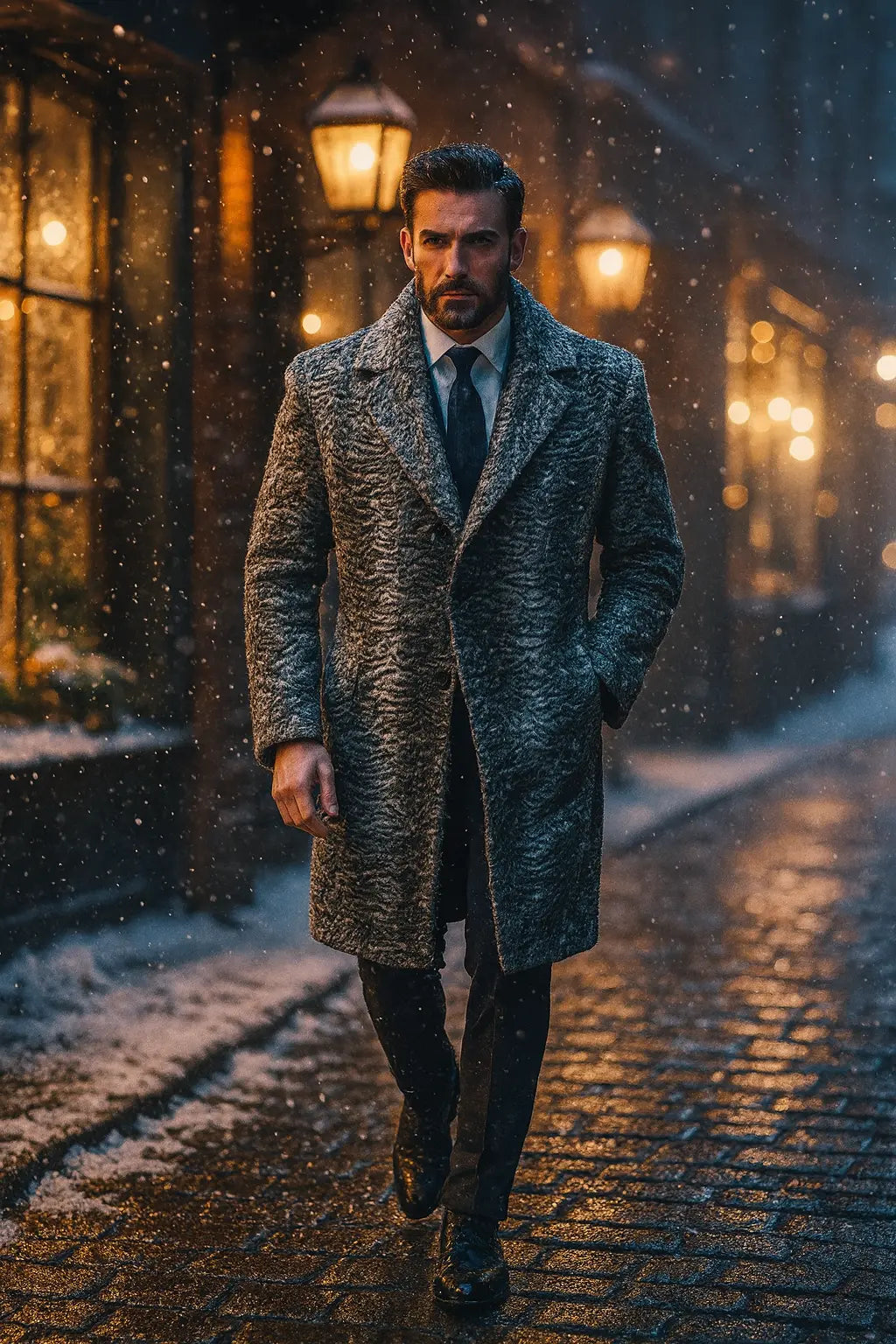 Man in a long coat walking on a snowy street at night.