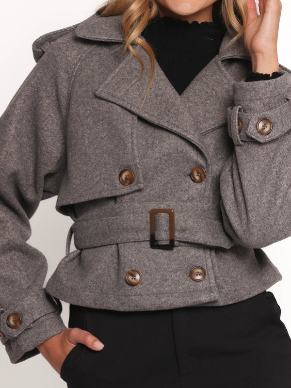 Chic Grey Cropped Trench Style Jacket
