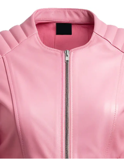 Classic Collarless Pink Leather Moto Racer Jacket