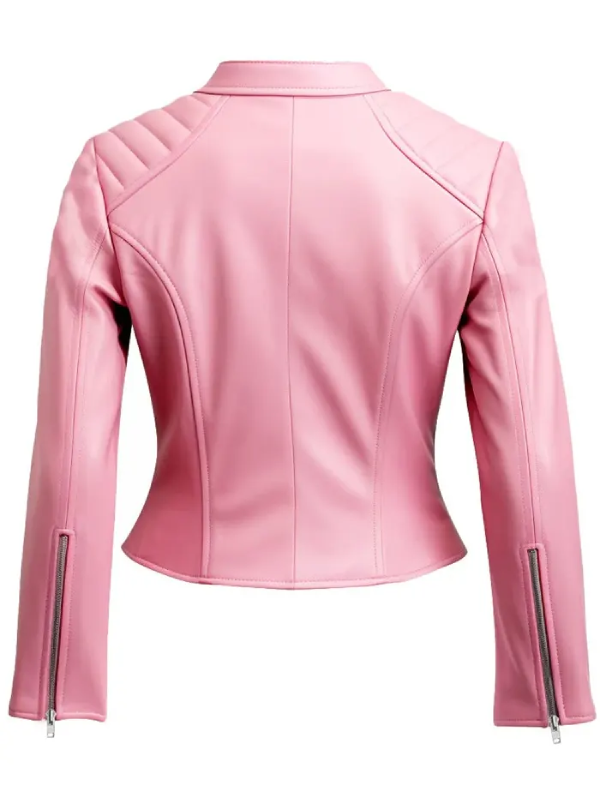 Classic Collarless Pink Leather Moto Racer Jacket for Women