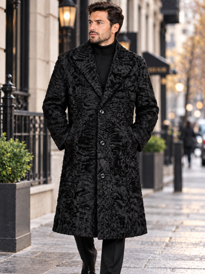 Classic Men’s Persian Lamb Fur Winter Coat with Mink Fur Trim Collar