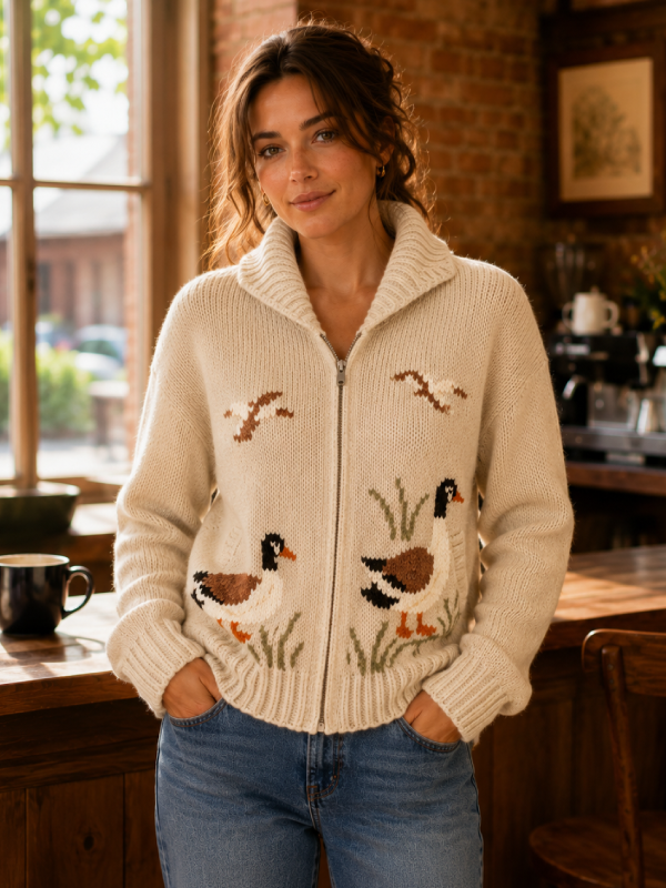 Cozy Duck Beige Cardigan Sweater Oversized Fit for Women
