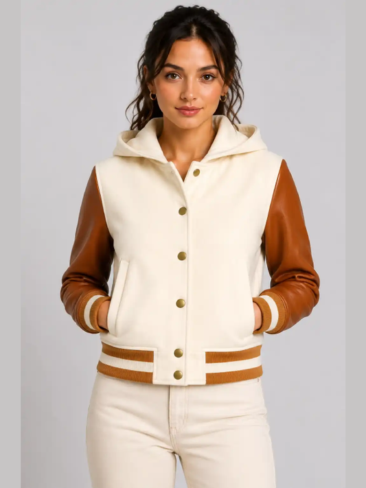 Cream Cognac Leather Hooded Womens Varsity Jacket