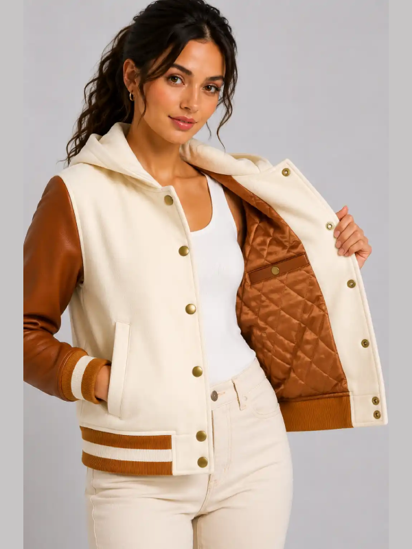 Cream Cognac Leather Hooded Womens Varsity jacket 2026
