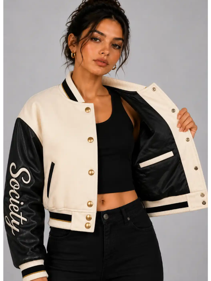 Cream Society Cropped Varsity Jacket Women Cream Black For Sale