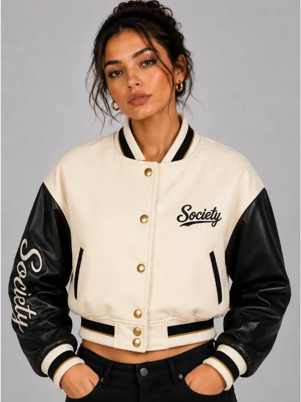 Cream Society Embroidered Cropped Varsity Jacket Women Cream Black