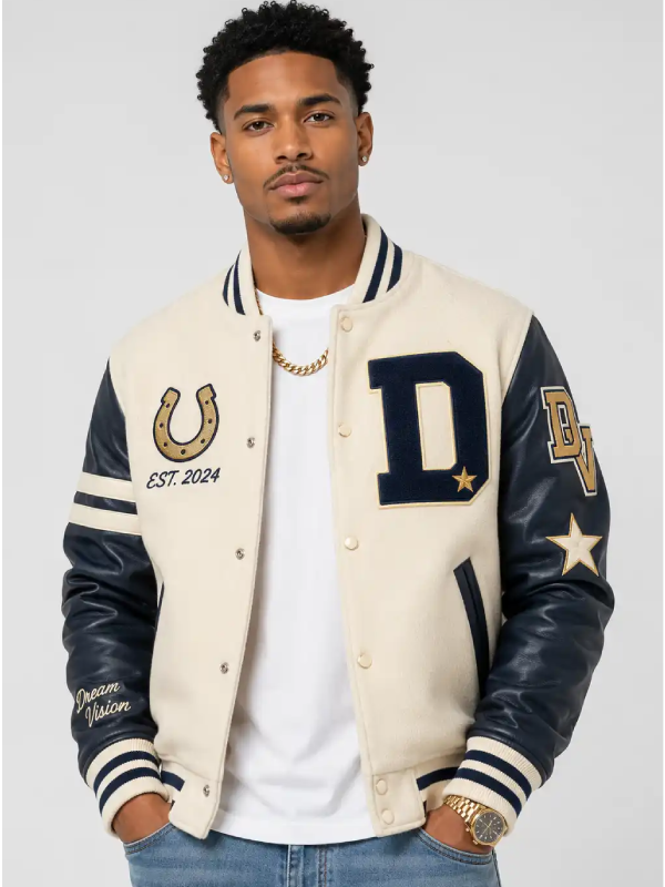 Dream Cream Wool Leather Navy Letterman Varsity Jacket