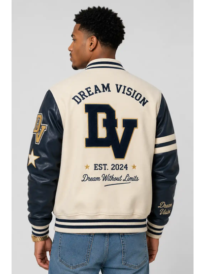 Dream Cream Wool Leather Navy Letterman Varsity Jacket For Sale