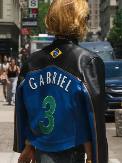 FIFA World Cup 2026 Gabrielle Figueiredo Brazil Blue and Black Leather Motorcycle Jacket