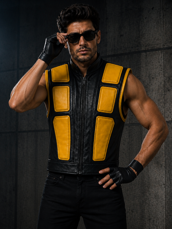 Faux Leather Gaming Vest Black Yellow Cosplay Costume