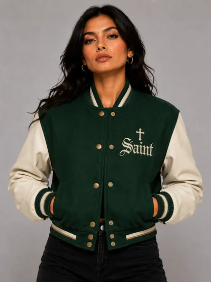 Forest Saint Embroidered Cropped Varsity Jacket Women Forest Green Cream