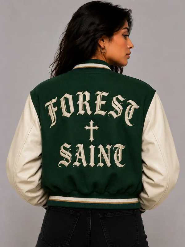 Forest Saint Embroidered Cropped Varsity Jacket Women Forest Green Cream For Sale